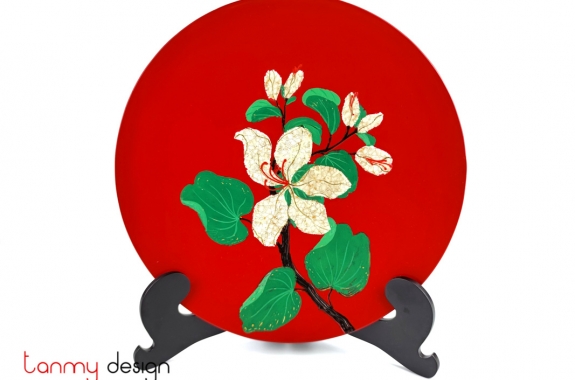 Red round lacquer dish attached with eggshell Ban flower 30 cm( not included with stand)